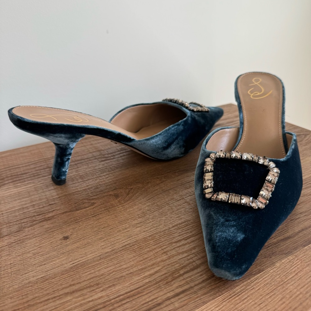 Sam Edelman Velvet Mules in Deep Teal with Gold Buckle